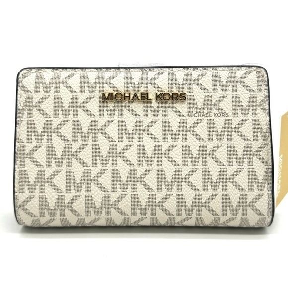 Michael Kors Medium Bifold Zip Chain Wallet Vanilla/Brown - Picture 1 of 9
